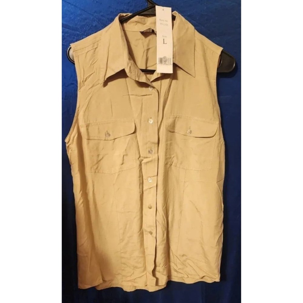 SW 8th beige womens button down sleeveless lg blouse 100% silk vintage